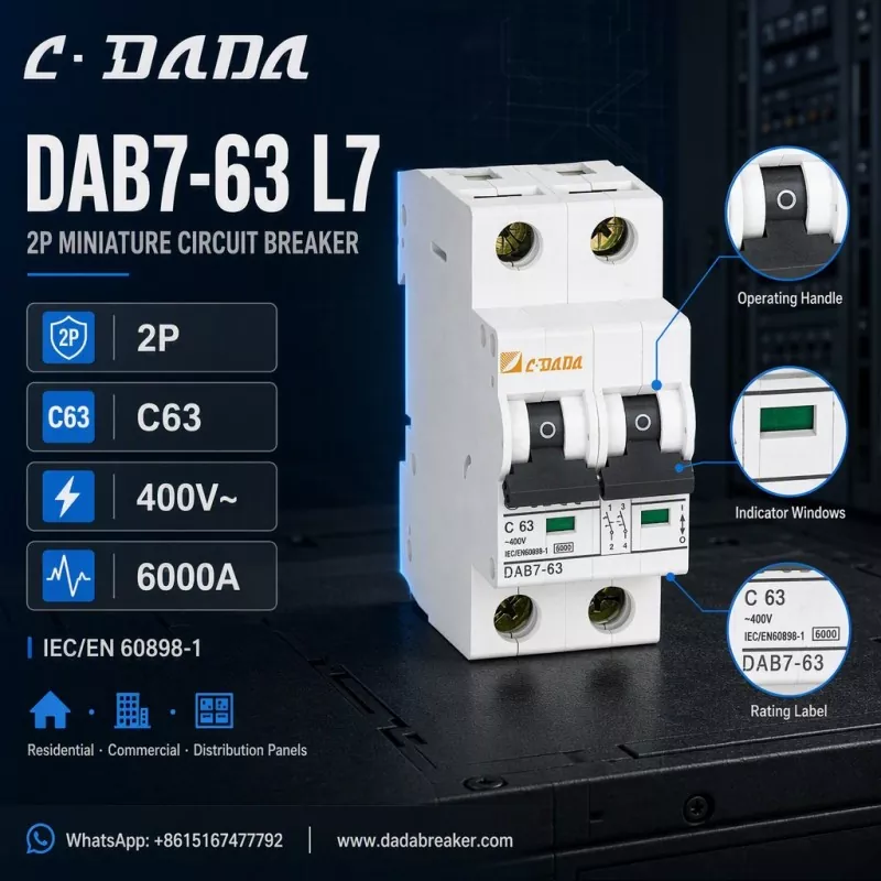 DAB7-63 L7 2P MCB - صاف، ٺهڪندڙ تحفظ ورهائڻ واري پينلز لاءِ